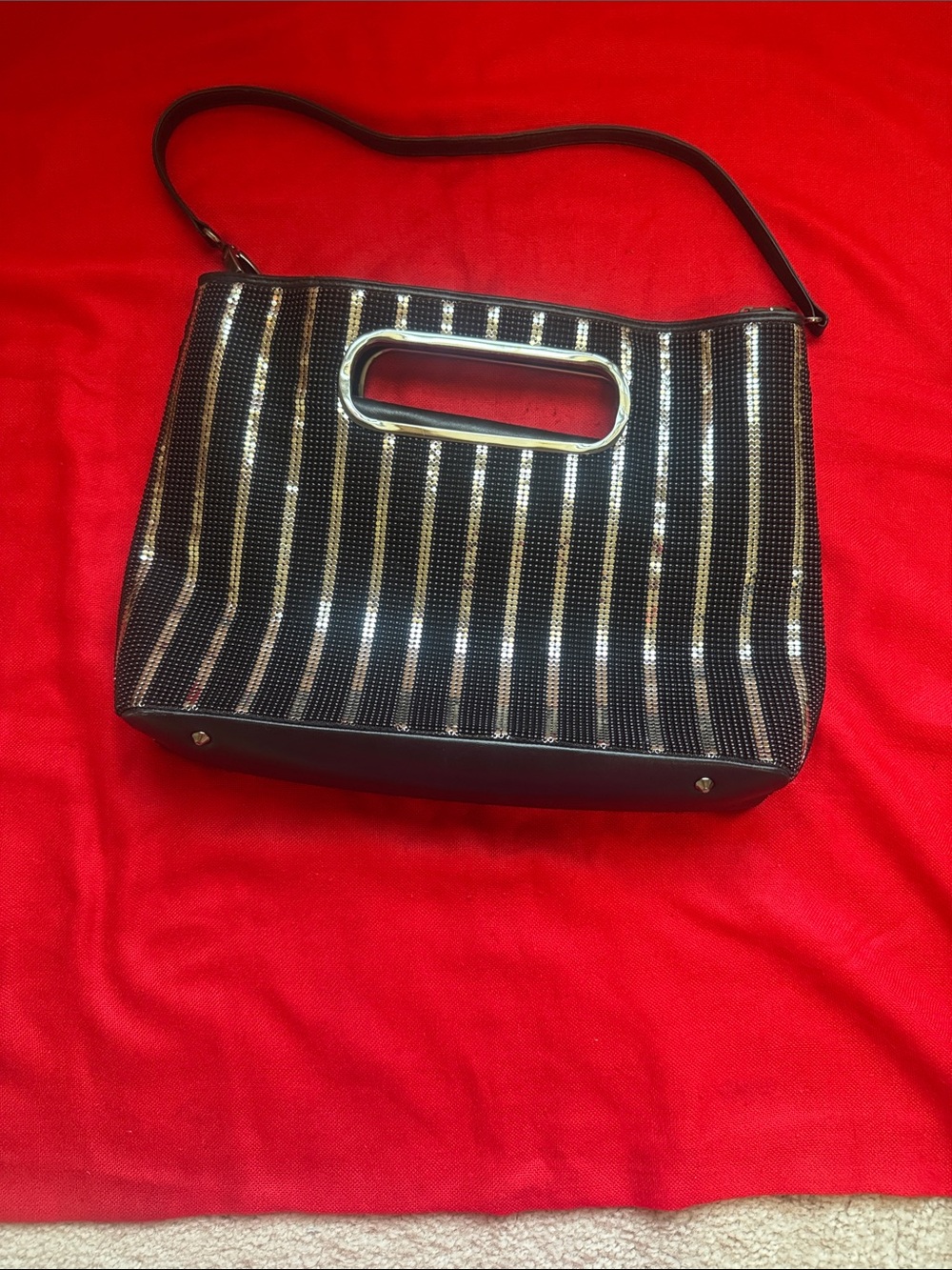 Whiting & Davis Vintage Black and Silver Striped Shoulder Bag with Oval Handle